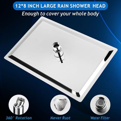 Voolan Rain Shower Head - High Flow Large Rainfall Shower Heads Made of Stainless Steel - Waterfall Bathroom Square Showerhead - Ceiling or Wall Mount (12 * 8 Inch Rectangle, Chrome) - Image 2