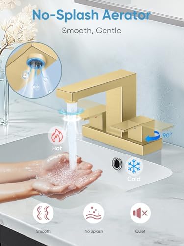 Cobbe Bathroom Faucets for Sink 3 Hole, Brushed Gold Bathroom Sink Faucet Square 4 Inch Centerset with Pop-Up Drain, 2 Handle and 2 Supply Hoses, Lead-Free Stainless Steel for Vanity, Rv, Farmhouse - Image 2