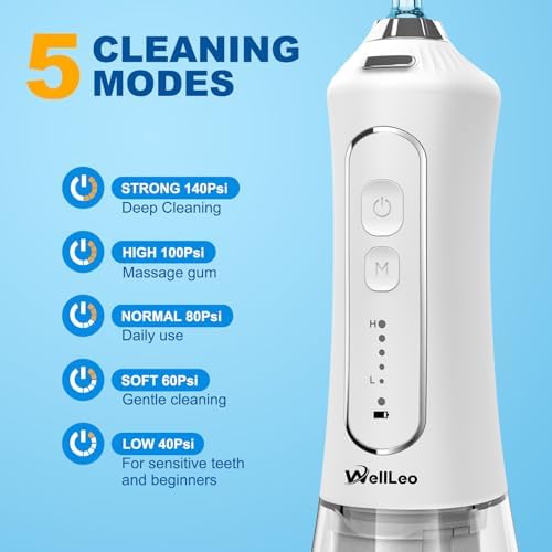 WellLeo Water Flosser for Teeth, 300ML Cordless Oral Irrigator Rechargeable Dental Flosser Picks with 5 Modes 5 Jet Tips,IPX7 Waterproof Teeth Cleaner for Braces Gum Care, Home Travel Use - Image 2