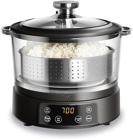 COOK WITH COLOR Glass Mini Low Carb Rice Cooker – Holds 2 Cups Raw/Makes 6 Cups Cooked with Auto Lift Filter Basket, Hotpot & Steamer for Rice, Grains, Digital Panel with Keep Warm, Black by CookwithColor