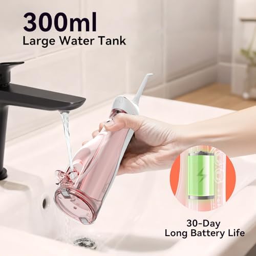 Cordless Portable Water Flosser with 300ML Tank: Rechargeable Oral Irrigator with 5 Tips for Travel, Braces Care and Sensitive Gums, IPX7 Waterproof Teeth Cleaning Device(Pink) - Image 4