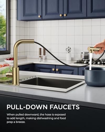 FORIOUS Kitchen Faucet with Pull Out Sprayer, Single Handle, Brushed Gold - Image 2