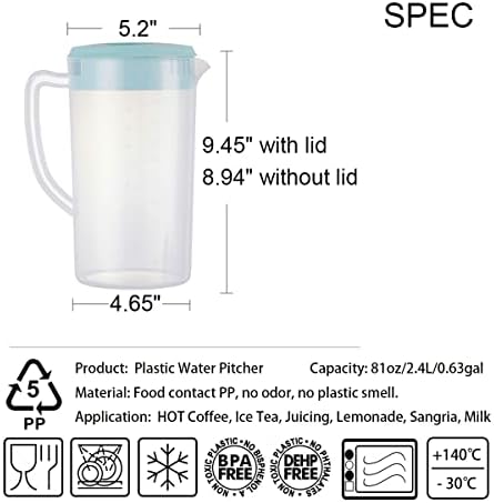 81oz/2.4Litre/0.63 Gallon Plastic Water Pitcher with Lid BPA-FREE Carafes Mix Drinks Water Jug for Hot/Cold Juice Beverage Ice Tea (Sky Blue, 81oz) - Image 2