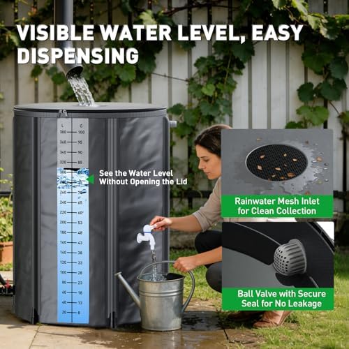 Yesker Collapsible Rain Barrel, 100 Gallon Portable Rainwater Collection System, 550D PVC Water Storage Tank, Rain Catcher with Spigots Filter Overflow Kit, Grey - Image 2