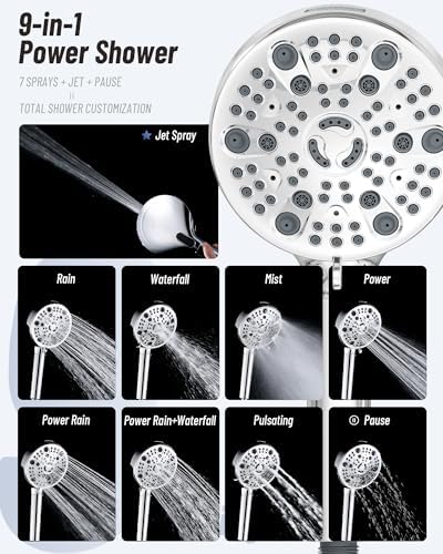Filtered Handheld Shower Head for Hard Water, High Pressure Showerhead with 7 Spray Modes, Power Jet & Pause, Detachable & Adjustable for Healthier Skin & Hair - Chrome(VMASSTONE HM-003) - Image 3