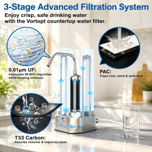 Vortopt F11 Countertop Water Filter System, 3 Stage Filtration, Silvery - Image 2