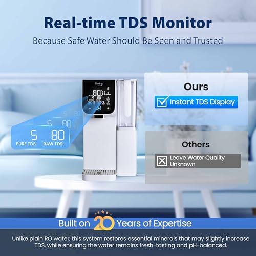iSpring RCD100HCW Alkaline Hot & Cold Countertop Reverse Osmosis System, White, Remineralization RO Water Filter Dispenser, 9 Temperature & 6 Dispensing Volume Options, TDS & Filter Life Monitor - Image 6