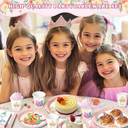 144 Pcs Princess Paper Plates Napkins, Birthday Party Supplies Include Forks Cups Straws, Summer Party Tableware Set for Kids, Serves 24 Guests - Image 7