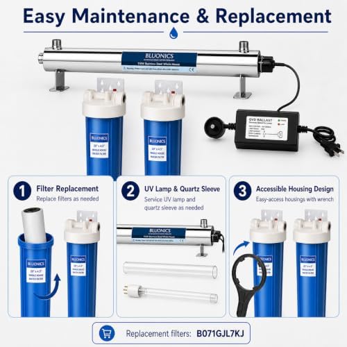Bluonics Whole House Water Filter System for Well Water, 3 Stage Sediment Carbon Filters with 110W UV Light, 24 GPM, 20 x 4.5 Housings, 1 in NPT - Image 4