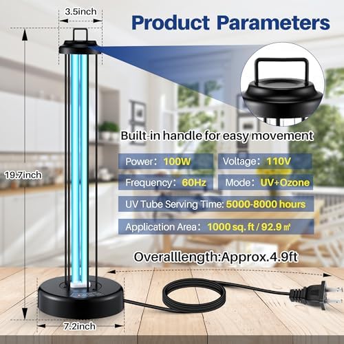 Qualirey 100W UV Light with Ozone Purifier for Room, UV Lamp with 3 Gear Timer Remote Control, UVC Light for Large Space, Cleaning Faster and More Thoroughly - Image 6