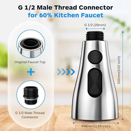 Kitchen Faucet Head Replacement 3 Modes with 12 Adapters, Pull Down Spray Head for Kitchen Faucet, Kitchen Sink Faucet Head G 1/2, Sprayer Head Replacement, Chrome - Image 4