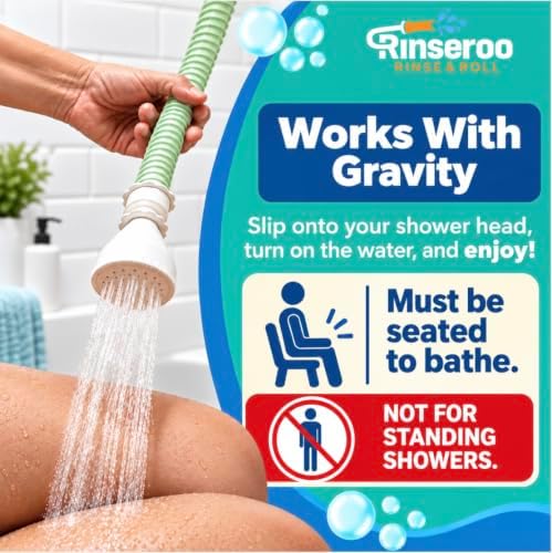 Rinseroo: Seated Bathing Hose. Slip-On Handheld Shower Attachment w/Spray Head. Converts Fixed Shower Head into Handheld Bather. Portable, No-Install Shower Hose Wand for Seniors, RV. Gravity fed - Image 5