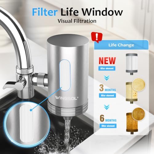 WINGSOL Visible Window Faucet Water Filter Stainless Steel, NSF/ANSI 42&53, 360° Rotating Tap Purifier, 250 Gallons Capacity, Reduce Heavy Metals 99.6% Lead, Improve Taste - Image 2