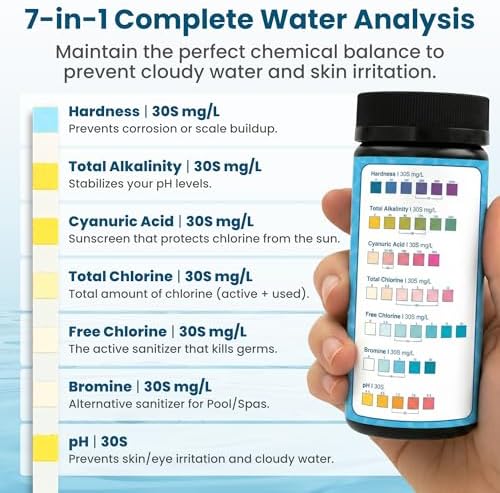 Pool & Spa Test Strips 7-in-1, 100 Strips for Pools, Hot Tubs & Saltwater Spas – Accurately Tests pH, Free & Total Chlorine, Bromine, Alkalinity, Hardness & Cyanuric Acid – Easy, 30-Second Results - Image 3