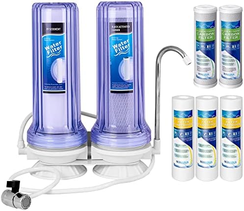 2 Stage Countertop Drinking Water Filtration System Removes Chlorine, Transparent Housing and Yearly Supply (2 extra) CTO & (3 extra) PP Sediment Cartridges 5 Micron, Meets NSF Standards & Regulations by Ronaqua