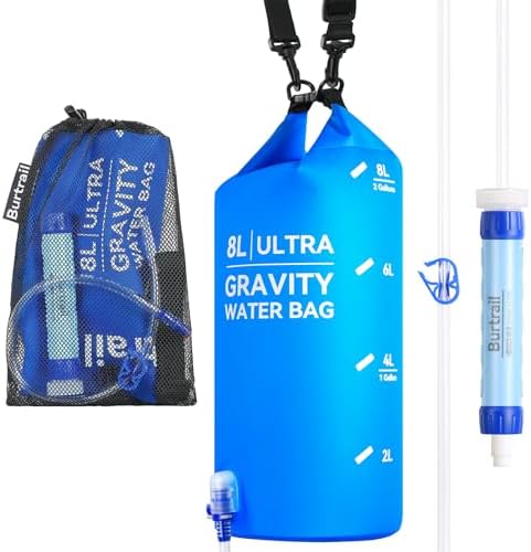 8L Camping Water Filtration System, Protable Gravity Water Filter System Survival for Camping Hiking Backpacking and Emergency Preparedness, 2-Gal Bag, BPA-Free by Burtrail
