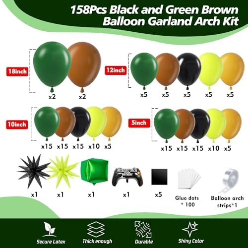 158Pcs Pixel Balloon Garland Arch Kit - Video Game Party Decorations with 18 12 10 5 Different Sizes Green Brown Black Latex Balloons for Pixel Birthday Baby Shower Boy Gaming Theme Decorations - Image 2