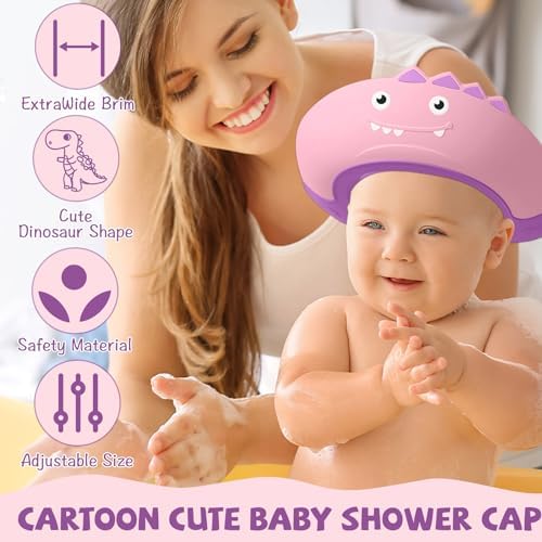 Thcbme Baby Shower Cap Shield, Shower Cap for Kids, Visor Hat for Eye and Ear Protection for 0-9 Years Old Children,Cute Dinosaur shape Makes the Baby Bath More Fun… (Pink) - Image 4