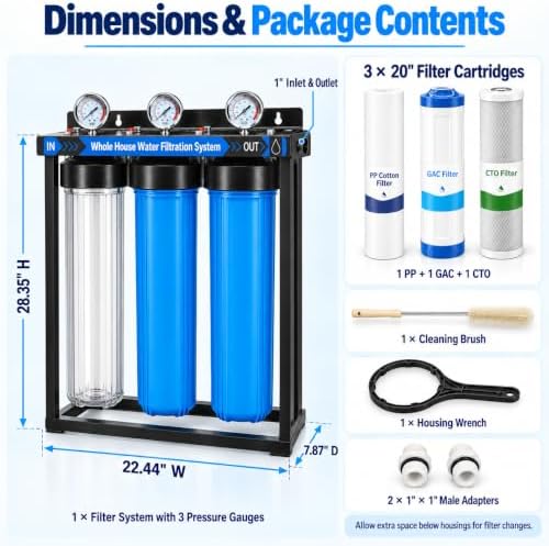 Whole House Water Filter System, 3-Stage with 20" PP GAC CTO Filters, 1" Ports, 3 Pressure Gauges, Clear Housing, Metal Stand, Cleaning Brush & Wrench, Reduces Sediment, Chlorine & Odor - Image 7