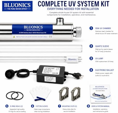 Whole House UV Water Filter System 12 GPM – 55W Stainless Steel UV Light System – LED Indicator & Audible Alarm – for Well & City Water – Includes 2 Extra Bulbs – Bluonics - Image 3