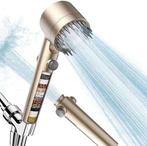 Filtered Shower Head with Handheld, High Pressure Water Flow and Multiple Spray Modes Shower Head with Filter, Power Wash for Hard Water, Showerhead with ON/OFF Switch for Pets Bath (Golden) by Sipaote