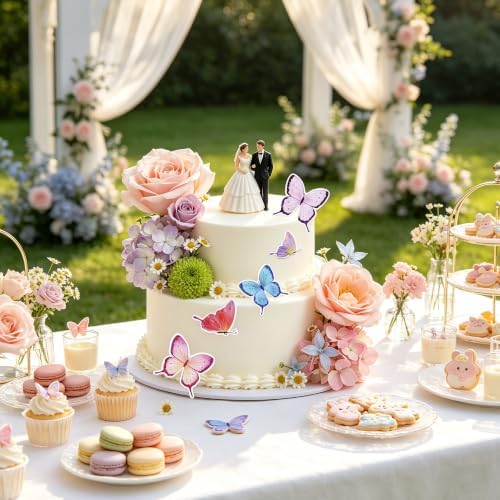 Flower Cake Toppers, Happy Birthday Rose Gold Cake Decorations with Artificial Flowers Butterfly Balls for Wedding Baby Shower Birthday Party Supplies (Lavender) - Image 4