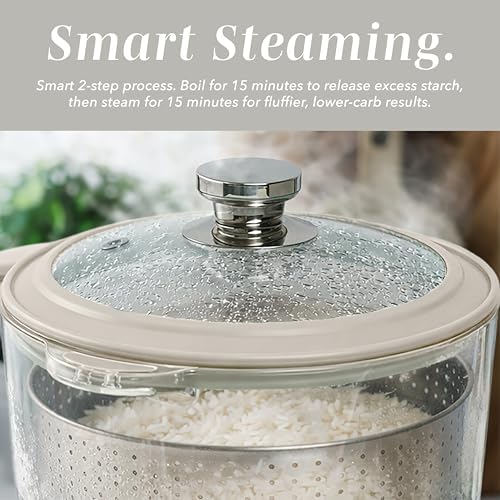 COOK WITH COLOR Glass Mini Low Carb Rice Cooker – Holds 2 Cups Raw/Makes 6 Cups Cooked with Auto Lift Filter Basket, Hotpot & Steamer for Rice, Grains, Digital Panel with Keep Warm, Cream - Image 5