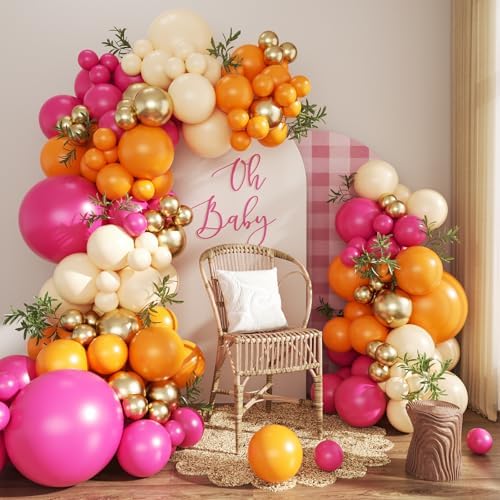 Pink and Orange Balloon Arch Kit for Tropical Theme Baby Shower Decorations by CROSSFINGERS
