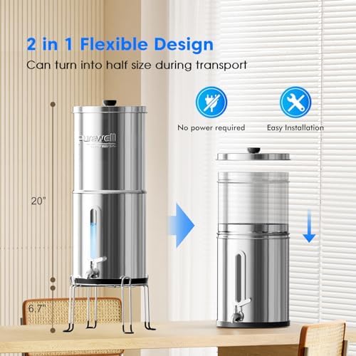 Purewell Upgraded 9-Stage Gravity Water Filter System with Water Level Window, 0.01μm Ultra-Filtration Countertop System with 2 Filters and Stand, pH 8-9, Reduce 99% Chlorine, BO-PH-2.25G - Image 7