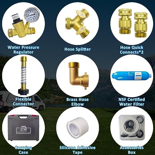 RV Water Pressure Regulator Kit, with Inline Water Filter, Lead-Free Brass Accessories, Leak Repair Kit, and All-in-One Suitcase, Complete Drinking Water Kit for RVs and Campers. - Image 2