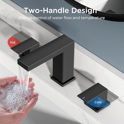 FORIOUS Waterfall Black Bathroom Faucet 3 Hole, 8 Inch Widespread Faucets - Image 3