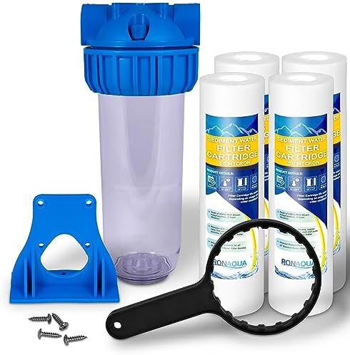 10 Inches Transparent Standard Whole House Water Filter System with Presser Relief Valve, 3/4” Inlet/Outlet Brass Port and Yearly Supply (4) Sediment Cartridges 50 Micron by Ronaqua