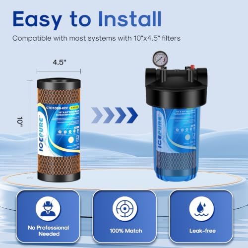 ICEPURE 1 Micron 4.5" x 10" CTO10BB-KDF Whole House Water Filter Coconut Shell Activated Carbon and KDF Heavy Metal Removal Water Filter Replacement for Home, 3PACK - Image 6