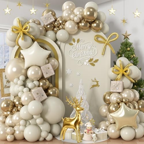 121PCS Christmas Balloon Garland Arch Kit, Pearl Sand White and Gold Balloons with Star Reindeer Mylar Foil Balloon for Holiday Xmas Party Wedding Anniversary Prom New Years Eve Decorations by Paeyeq