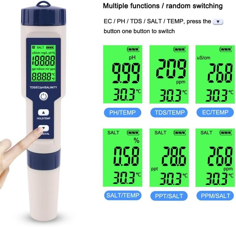 Pool Salt Tester & PH Meter, Hofun Digital Salinity Meter and PH Tester for Aquarium and Pool Saltwater Water, 5 in 1 Salinity PH Temp EC and TDS Meter, Aquarium Swimming Pool Hot Tub, Multiparameter - Image 4