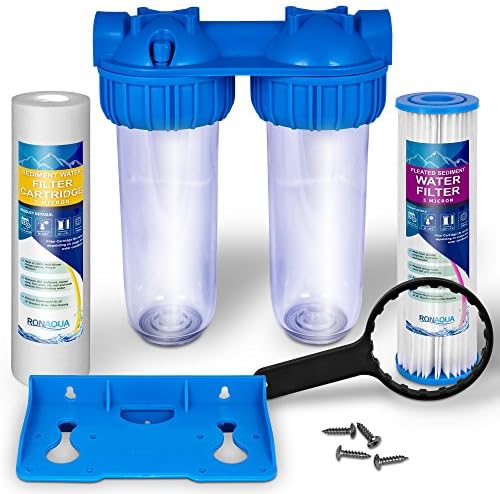 Dual Whole House Water Filter System, Transparent Standard Housings, Presser Relief Button, 3/4” Inlet/Outlet Brass Port, Meets NSF Standards & Regulations (5 Mic Pleated & Standard Sediment Filters) by Ronaqua