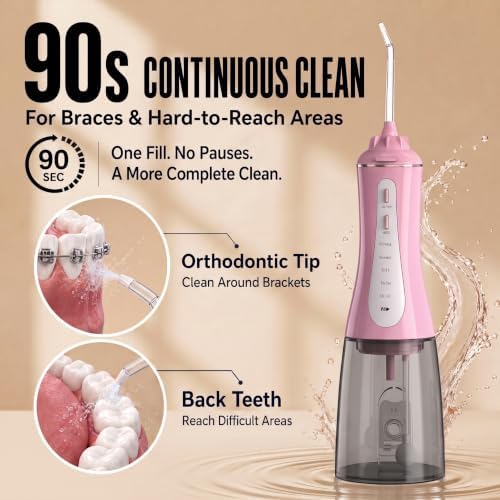 MOCEL Water Dental Flosser for Teeth - 350ML Large Tank 5 Modes & 6 Tips Cordless, Oral Irrigator Waterproof, Portable Teeth Cleaning and Flossing with Effective Plaque Remover for Adults (Pink) - Image 2