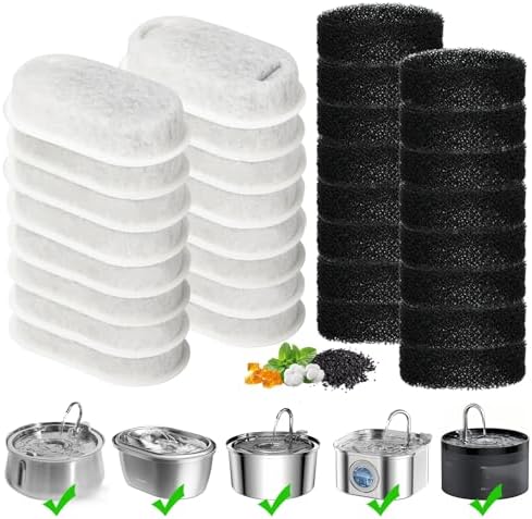 Cat Water Fountain Filter, 32-Pack Filters Replacement for 67oz/2L & 108oz/3.2L Stainless Steel Cat Water Fountain, 4-Layer Filtration Pet Filter (16 Filters & 16 Sponges) by TOUDABBQ