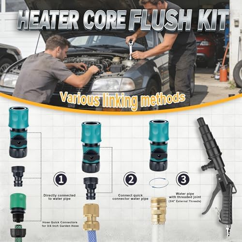 LURKA Coolant System Flush Gun, Lever Action Heater Core Flush Kit with 3/4" & 1/2" Garden Hose Adapters/Shut-Off Valve, Air & Water Combo Radiator Flusher, Nozzles for 5 Sizes of Hoses (19-40mm) - Image 3
