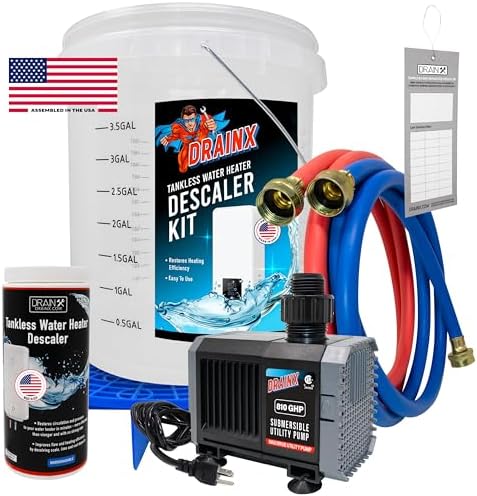 DrainX Tankless Water Heater Flushing Kit with Pump, Hoses, Descaling Powder and Measuring Bucket, All in One Complete Maintenance Solution by DrainX