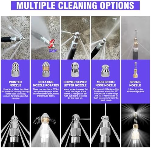 NIFUAL 25FT Sewer Jetter Kit for Pressure Washer, 5800PSI Drain Cleaner Hose 1/4 Inch NPT Corner, Rotating and Button Hose Sewer Jetting Nozzle Waterproof Tape Pearl Corsage Pin Spanner Glove - Image 4