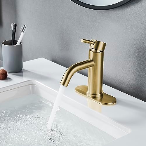 Single Hole Bathroom Sink Faucet Brushed Gold, Modern Single Handle Bathroom Faucet Commercial Stainless Steel Basin Faucet with Drain - Image 3