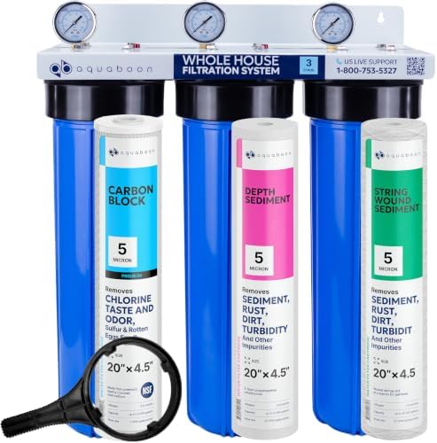 Aquaboon 3-Stage Whole House Water Filter System Against Chlorine & Sediment with 20x4.5 Water Filters Cartridges, Gauge & Release, Wrench, Bracket by Aquaboon