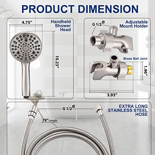 High Pressure 10-Setting Handheld Shower Head, 5" Detachable Shower Spray, 79" Extra Long Stainless Steel Hose, Adjustable Bracket - Brushed Nickel - Image 4