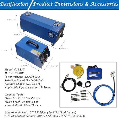 1500W Industrial Boiler Tube Cleaner, 110V/220V Pipeline Cleaning Machine with 26ft Flexible Shaft & Brush Kit, for 12-36mm/0.47-1.42in Heat Exchanger Evaporator Duct Descaling - Image 6