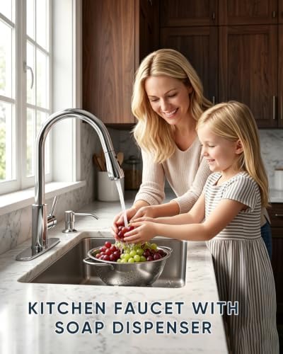 Kitchen Faucet with Pull Down Sprayer and Soap Dispenser, Chrome 304 Stainless Steel Single Handle with 3 Spray Modes, 18-Inch Hose, 10-Inch Deck Plate - Image 2