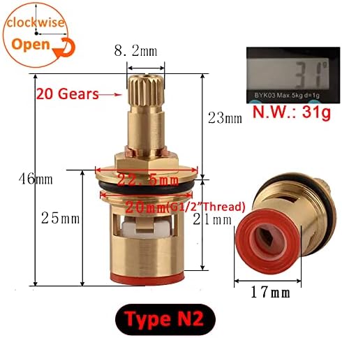 Brass Ceramic Cartridge, G1/2" Tap Ceramic Stem Cartridges Replacement for Hot Cold Water Faucet Spool Valve (Type N2- H46mm) - Image 2