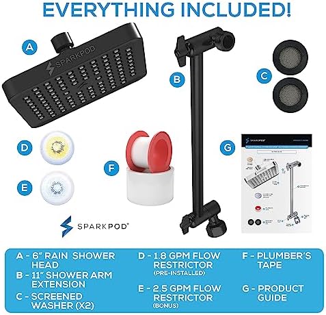 SparkPod Square Rain Shower Head with Extension Arm - Height Adjustable Shower Head with High Pressure Performance - Easy 1-Minute Installation (6" Square, Midnight Black Matte) - Image 7