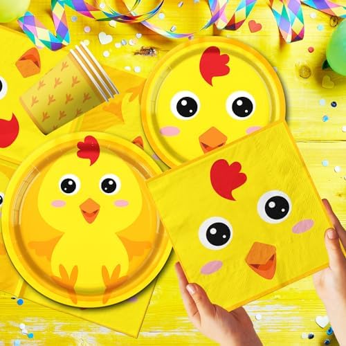 Chicken Farm Tableware Decoration, 142pcs Yellow Chick Theme Birthday Plates and Napkins Supplies - Image 5
