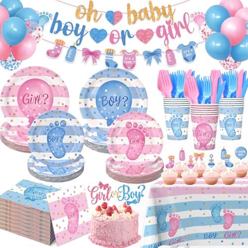 190 Pcs Gender Reveal Party Decorations Kit (Serves 24 Guests), Include Plates and Cups and Napkins Sets with Forks and Banner, Girl or Boy Baby Gender Reveal Party Supplies by Kinovo